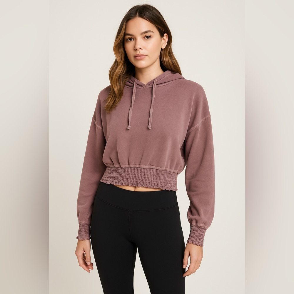 Electric & Rose Cropped Hoodie Mauve Pink Smocked Hem Sweatshirt Small